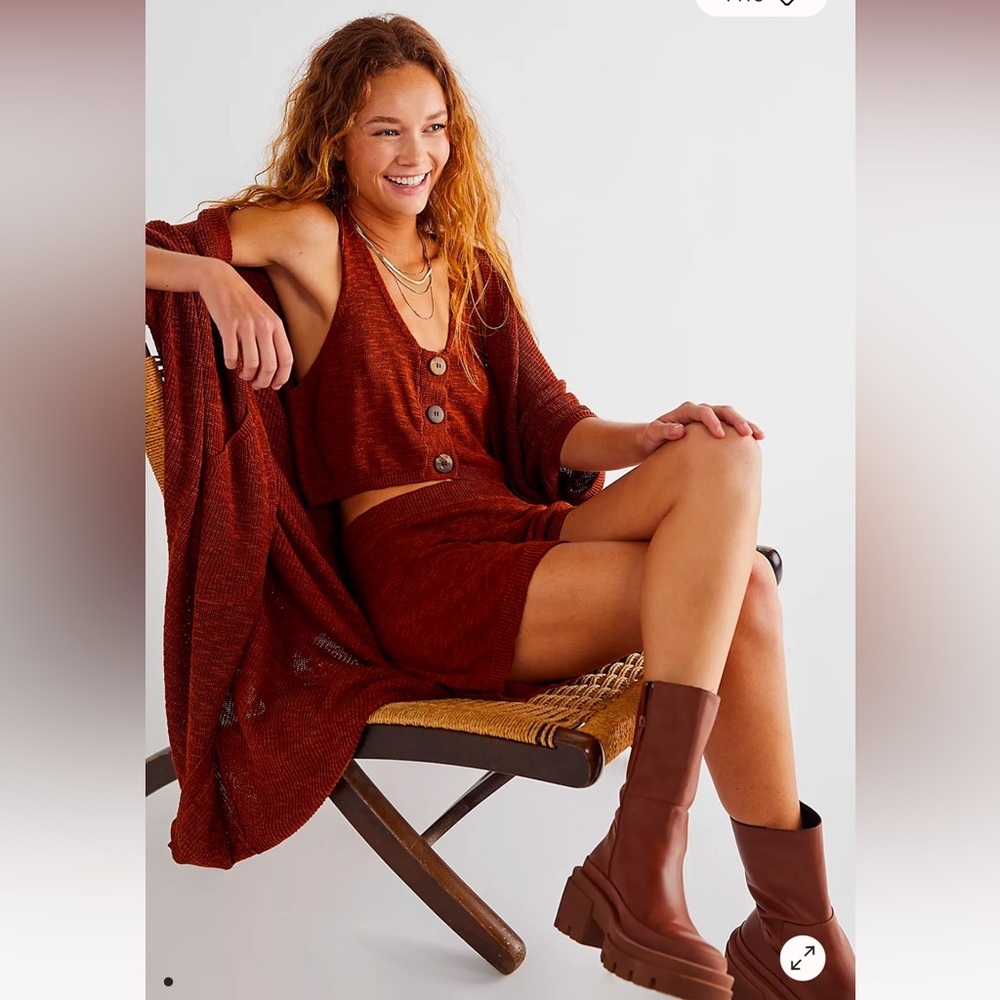 Free People Kai Sweater Set Knit Beach Crop Shorts Duster rust